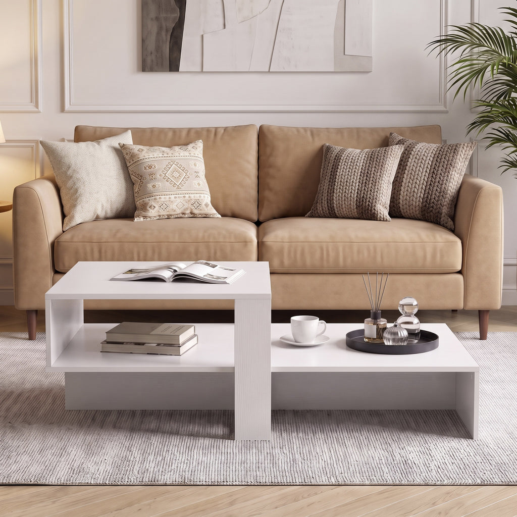 2-Tier Coffee Table Modern Irregular Center Table - White