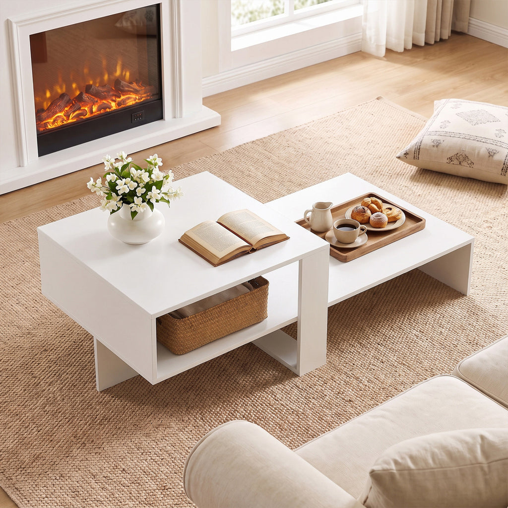2-Tier Coffee Table Modern Irregular Center Table - White