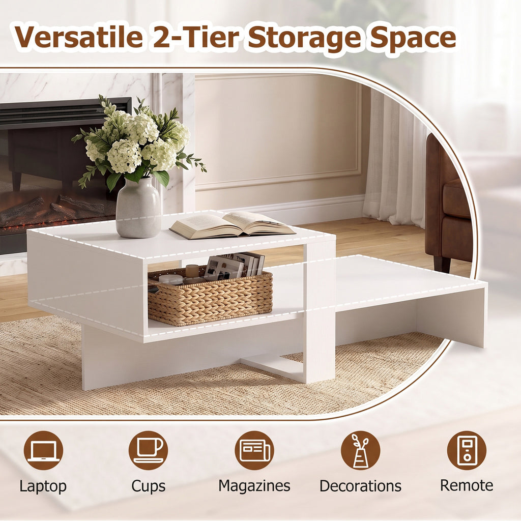 2-Tier Coffee Table Modern Irregular Center Table - White