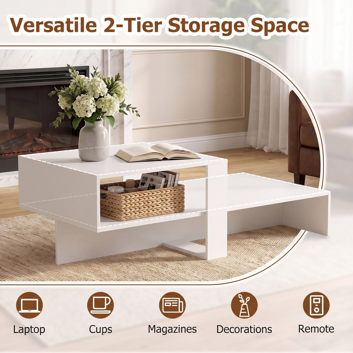 2-Tier Coffee Table Modern Irregular Center Table - White