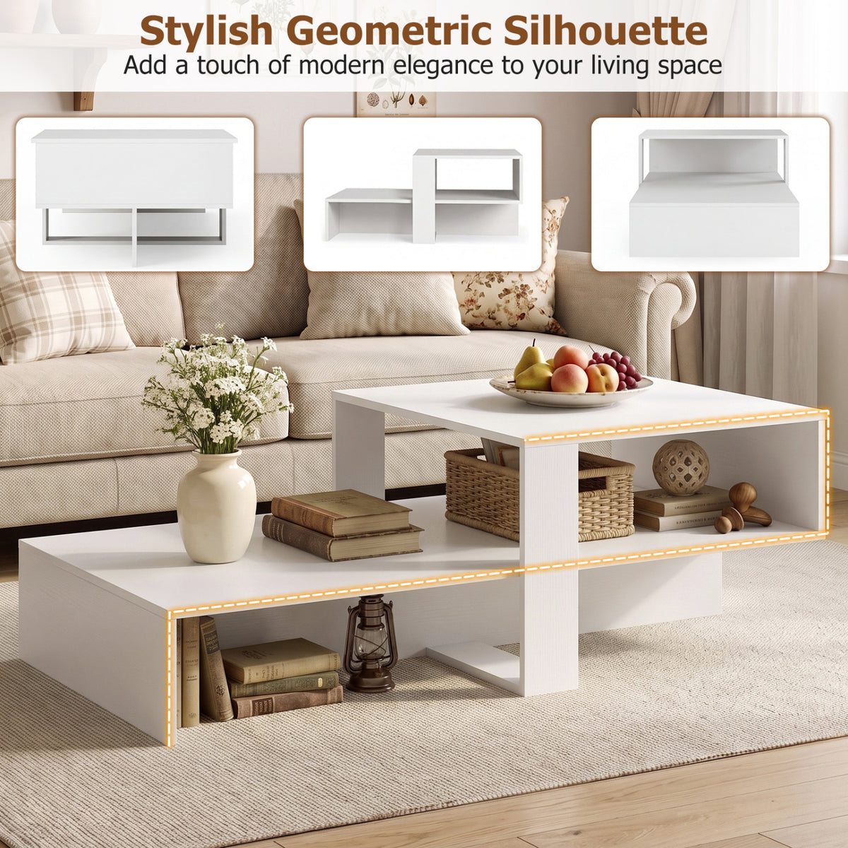 2-Tier Coffee Table Modern Irregular Center Table - White