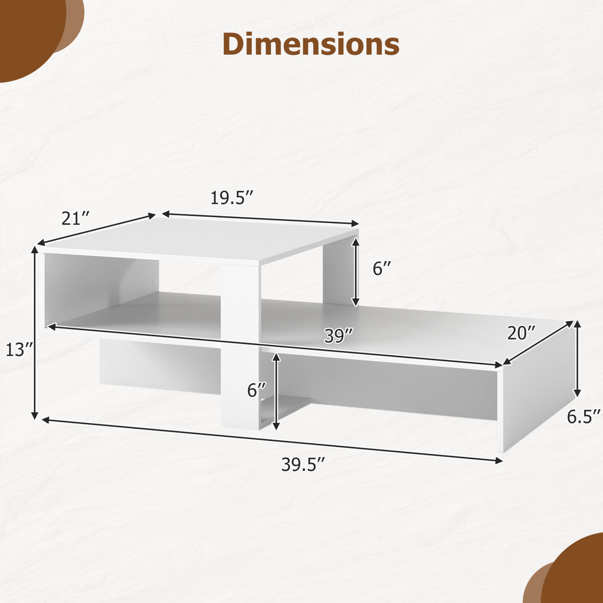 2-Tier Coffee Table Modern Irregular Center Table - White