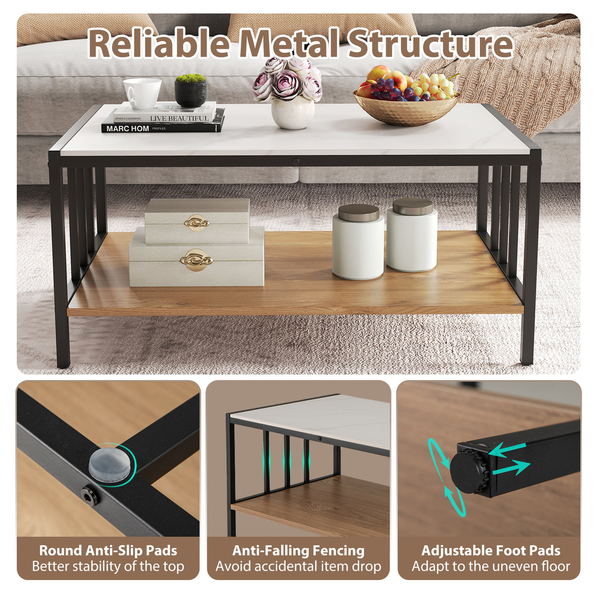 2 Tier Coffee Table with Sintered Stone Tabletop - White