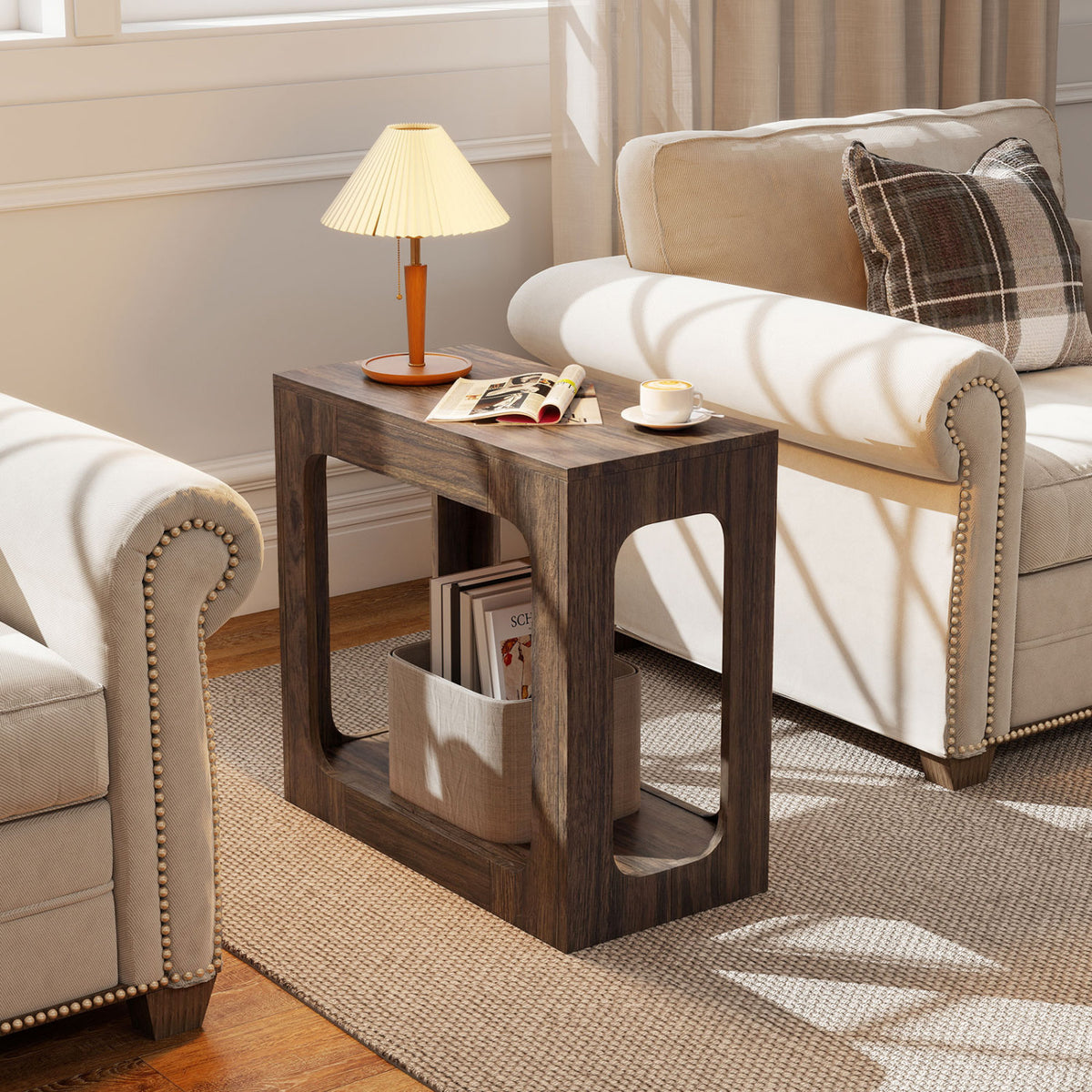 2-Tier End Table with Storage Shelf, Walnut