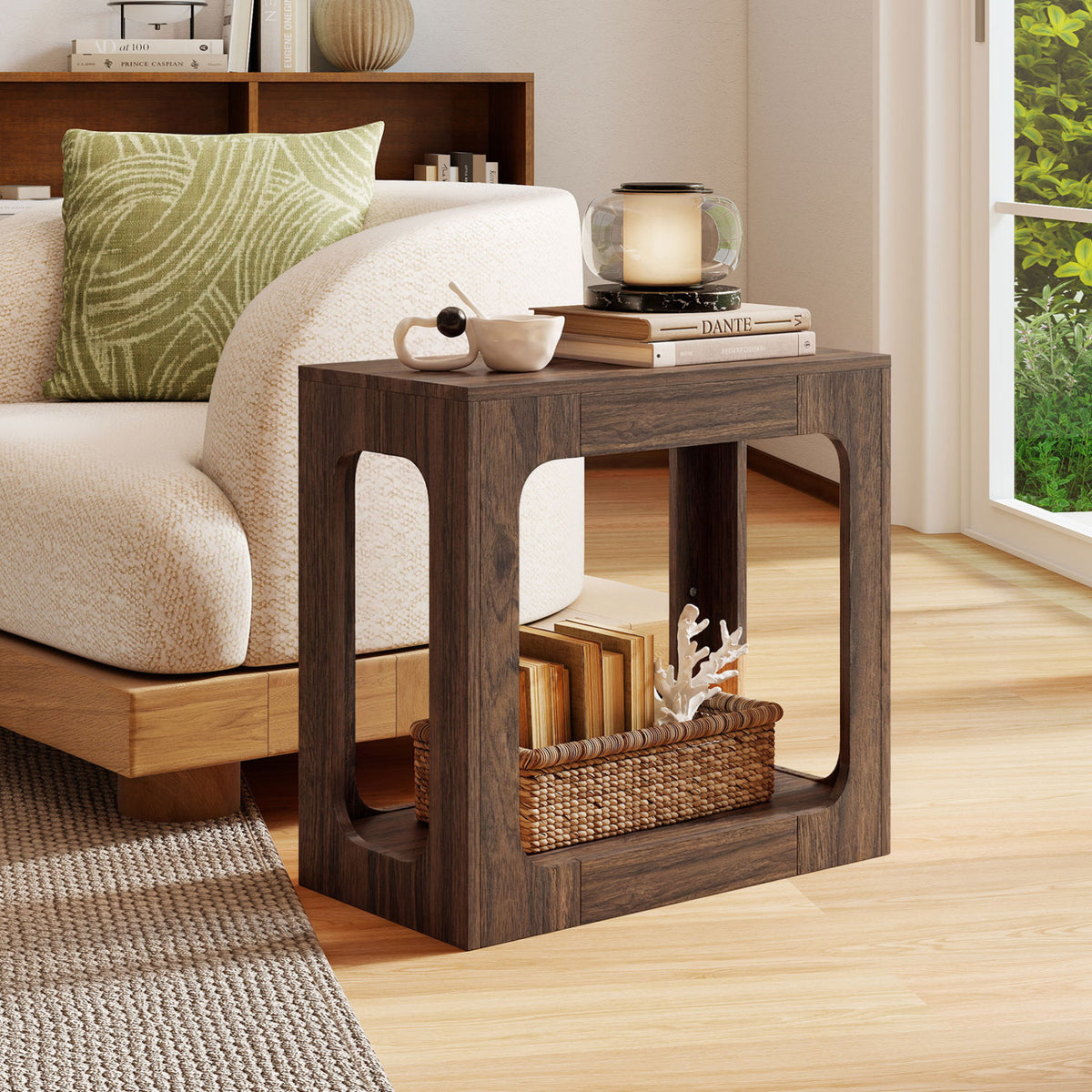 2-Tier End Table with Storage Shelf, Walnut
