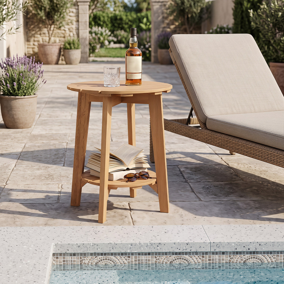 2-Tier Eucalyptus Wood Side Table with Slatted Tabletop and Storage