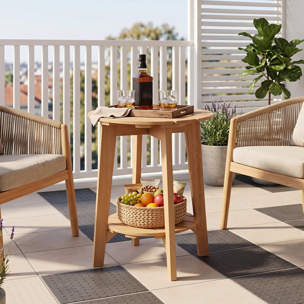 2-Tier Eucalyptus Wood Side Table with Slatted Tabletop and Storage