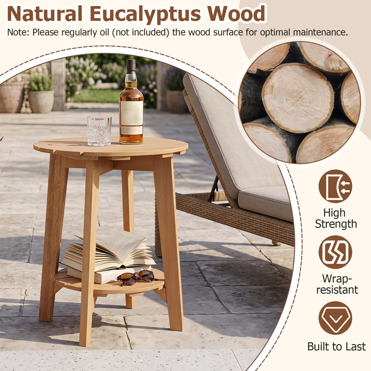 2-Tier Eucalyptus Wood Side Table with Slatted Tabletop and Storage