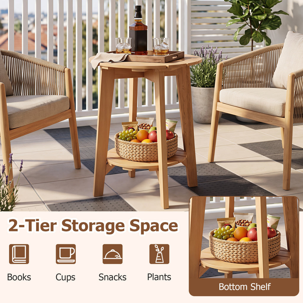 2-Tier Eucalyptus Wood Side Table with Slatted Tabletop and Storage