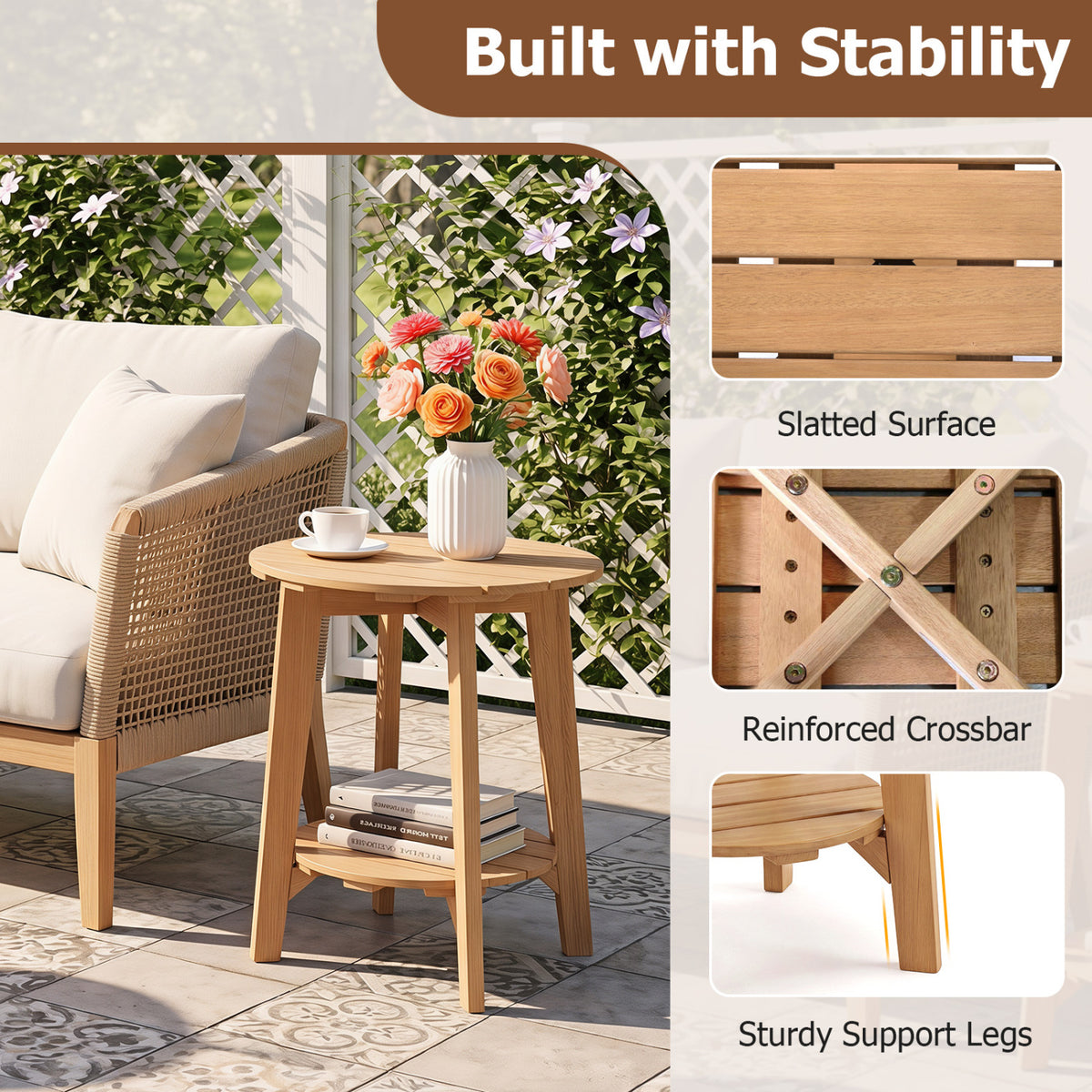 2-Tier Eucalyptus Wood Side Table with Slatted Tabletop and Storage