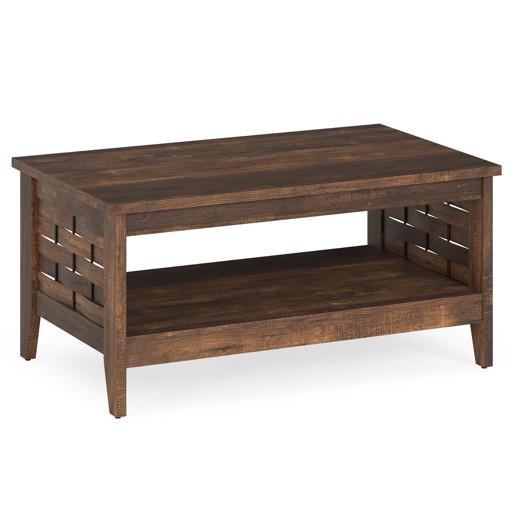 2-Tier Farmhouse Coffee Table with Open Shelf, Oak