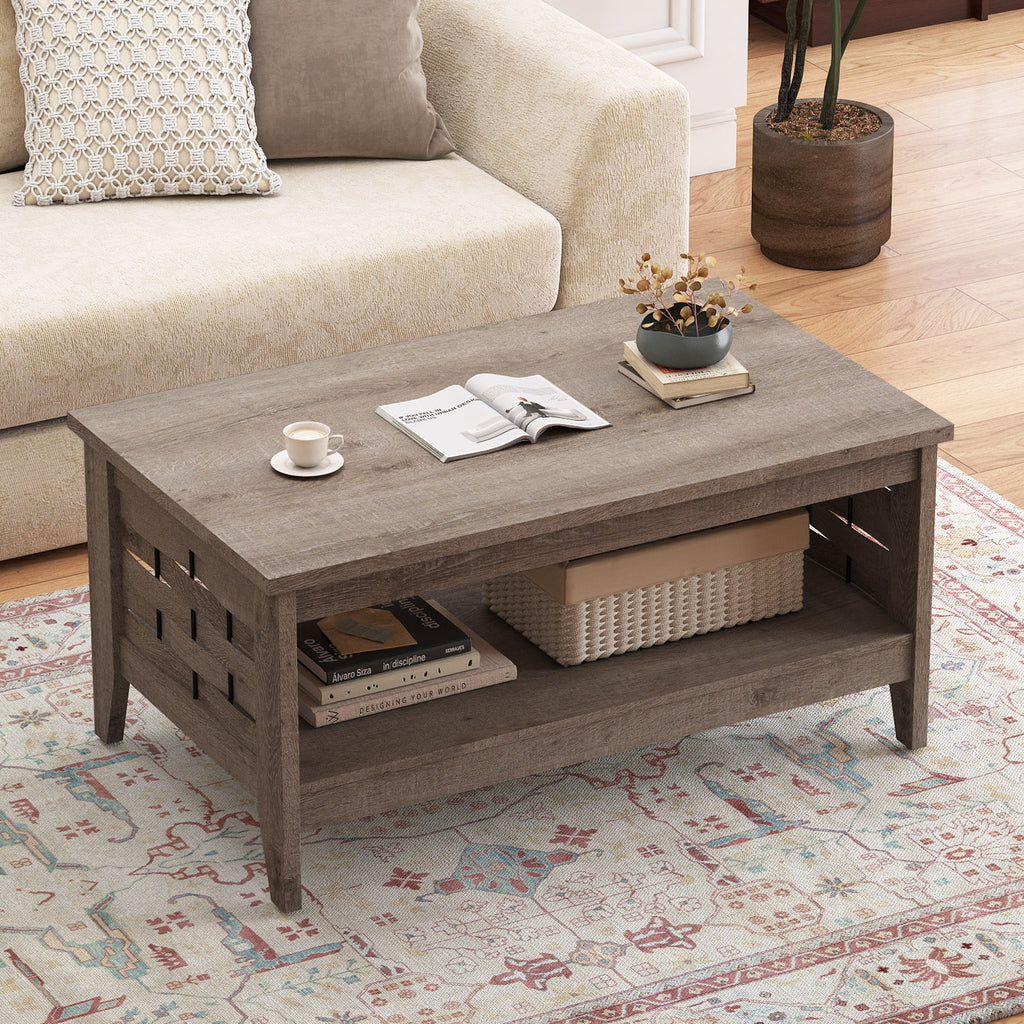 2-Tier Farmhouse Coffee Table with Open Shelf, Oak