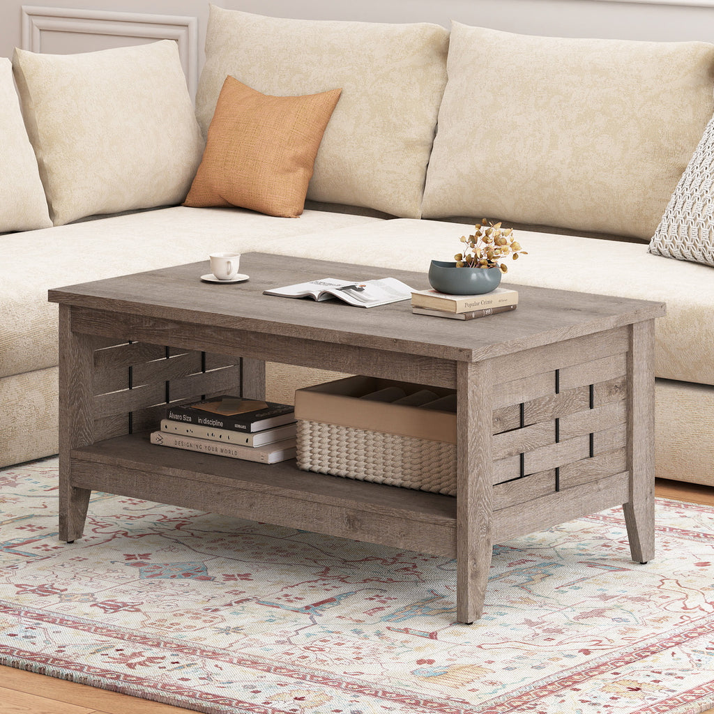 2-Tier Farmhouse Coffee Table with Open Shelf, Oak