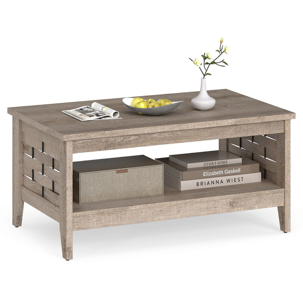 2-Tier Farmhouse Coffee Table with Open Shelf, Oak