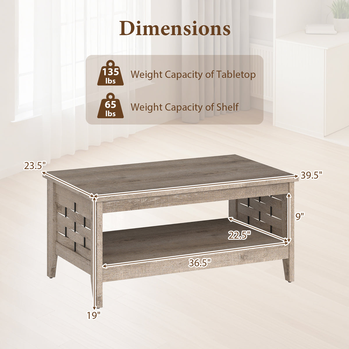 2-Tier Farmhouse Coffee Table with Open Shelf, Oak