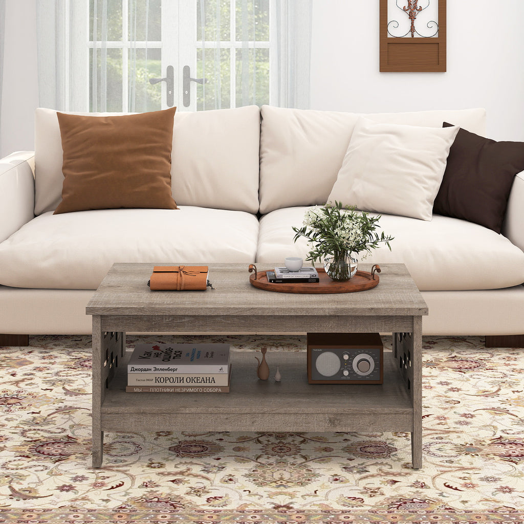 2-Tier Farmhouse Coffee Table with Open Shelf, Oak