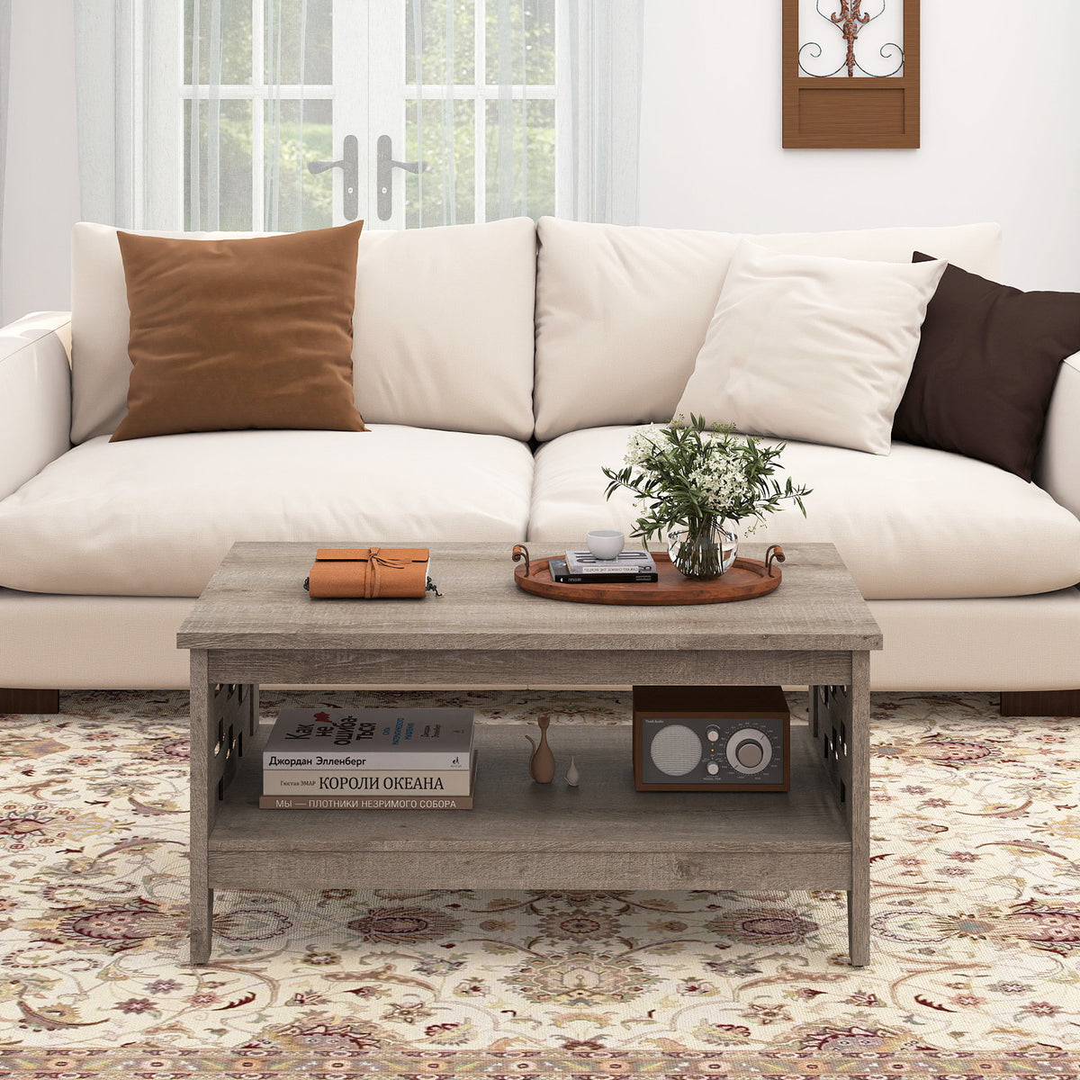 2-Tier Farmhouse Coffee Table with Open Shelf, Oak