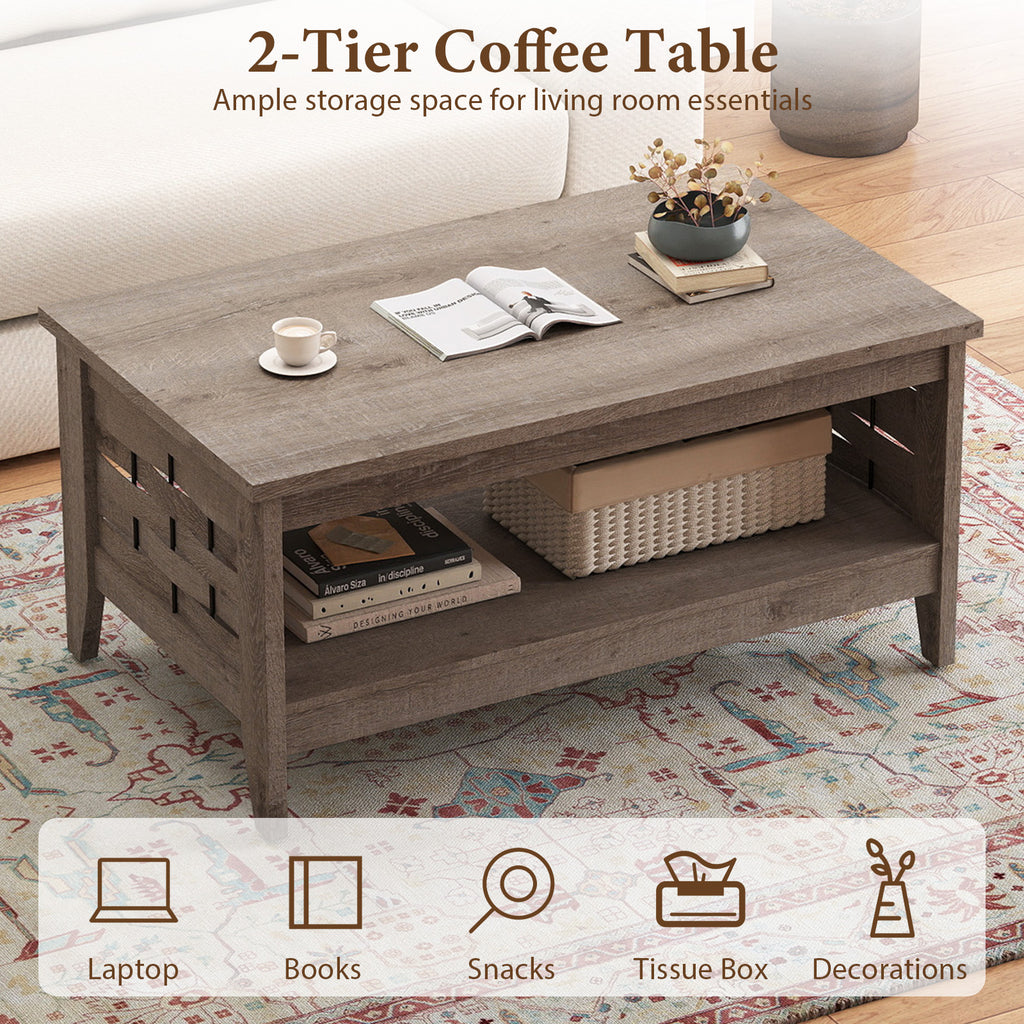2-Tier Farmhouse Coffee Table with Open Shelf, Oak