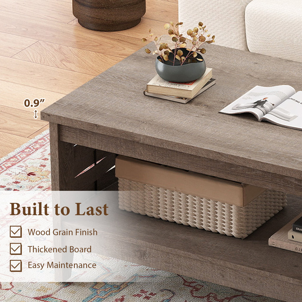 2-Tier Farmhouse Coffee Table with Open Shelf, Oak