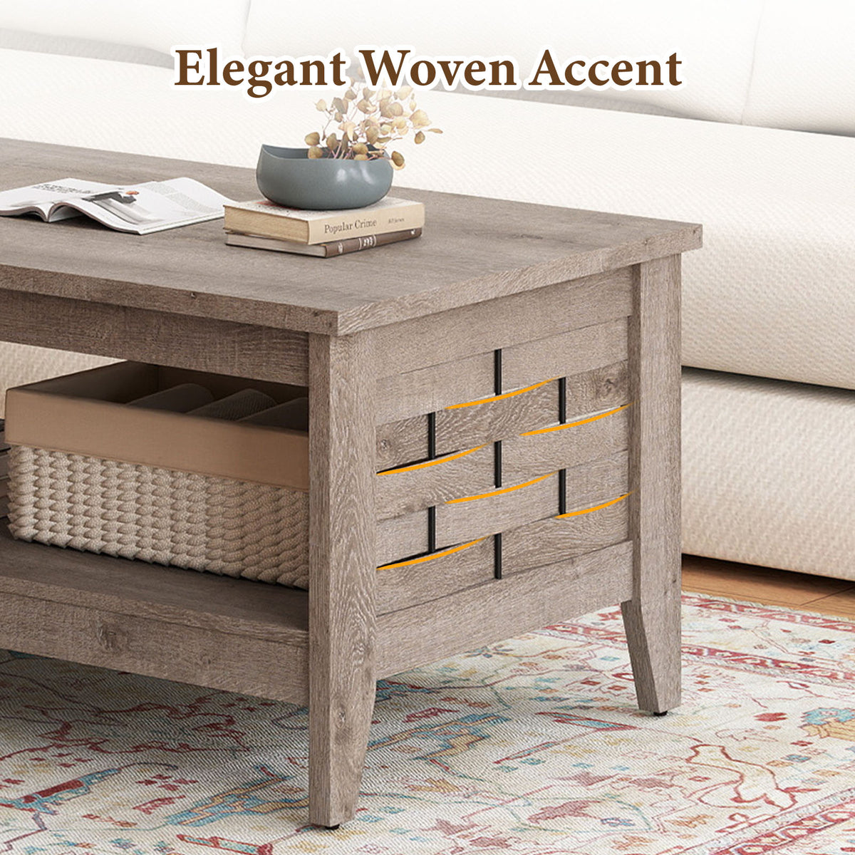 2-Tier Farmhouse Coffee Table with Open Shelf, Oak