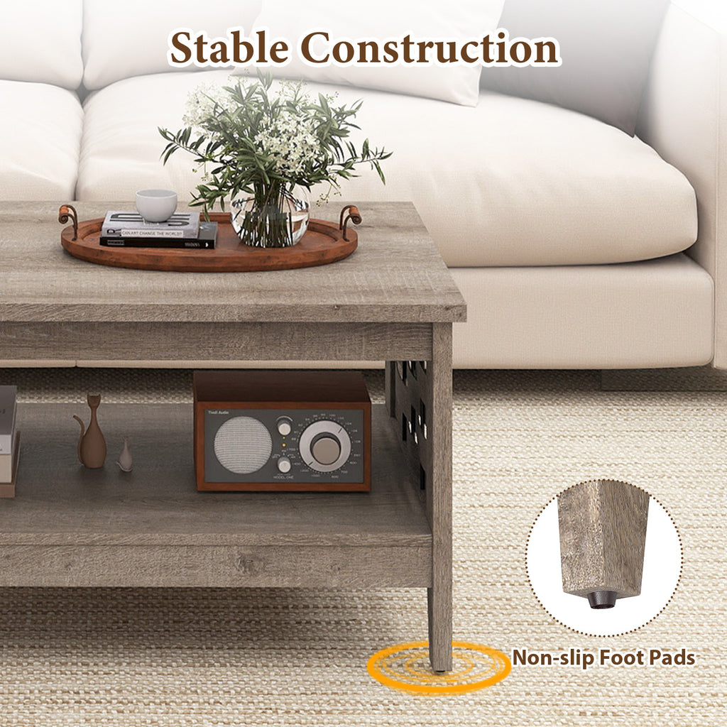 2-Tier Farmhouse Coffee Table with Open Shelf, Oak