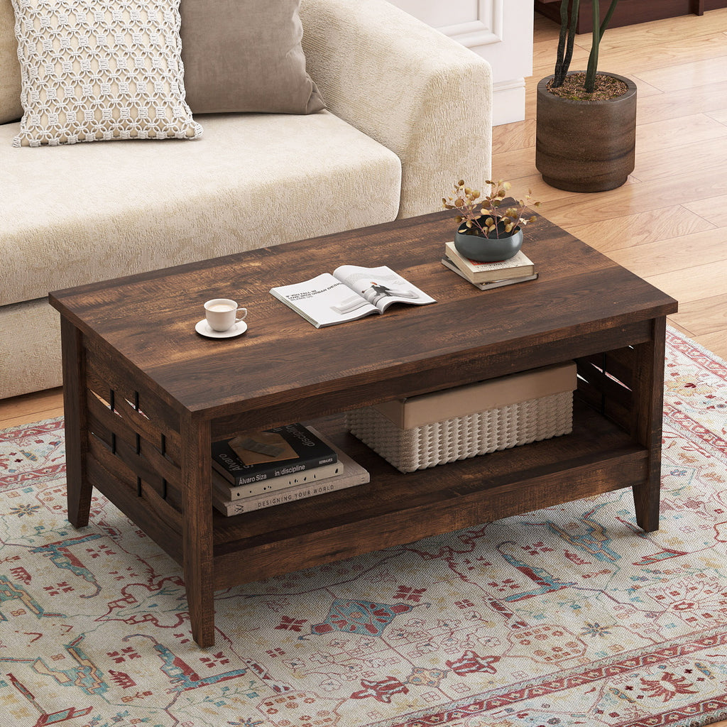 2-Tier Farmhouse Coffee Table with Open Shelf, Oak