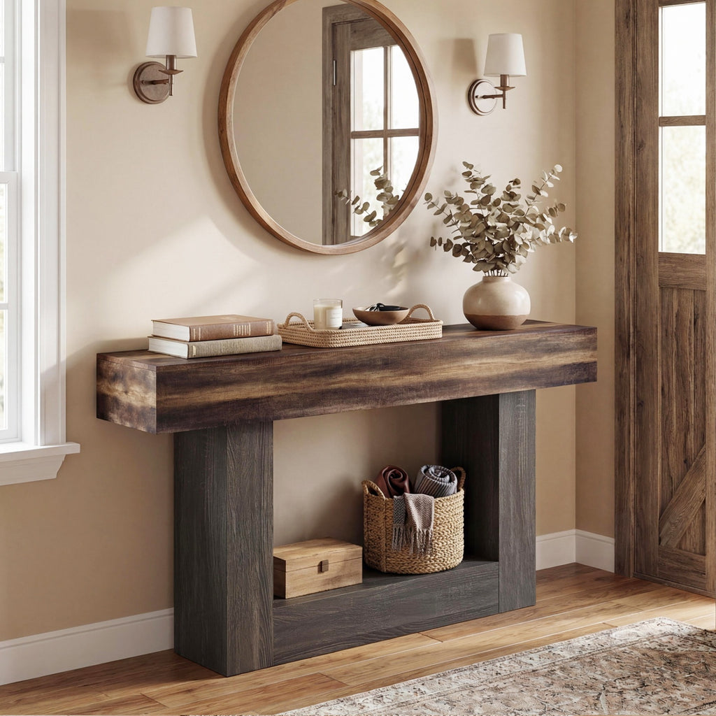 2-Tier Farmhouse Console Table 63" Long, Rustic Brown