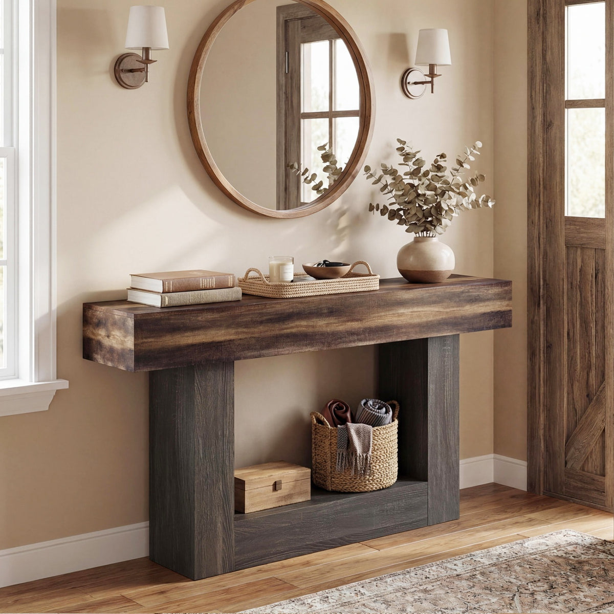 2-Tier Farmhouse Console Table 63" Long, Rustic Brown