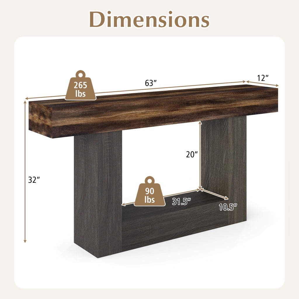 2-Tier Farmhouse Console Table 63" Long, Rustic Brown