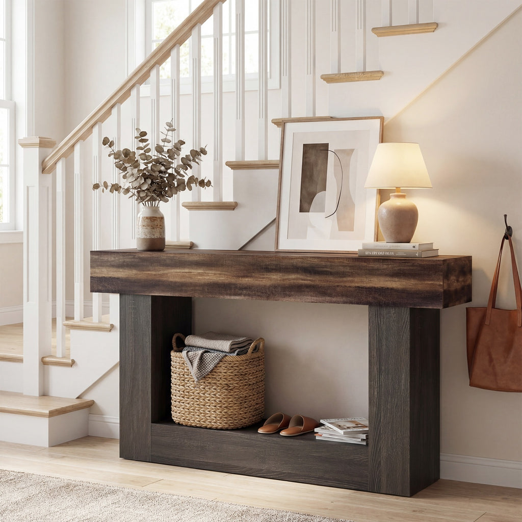 2-Tier Farmhouse Console Table 63" Long, Rustic Brown