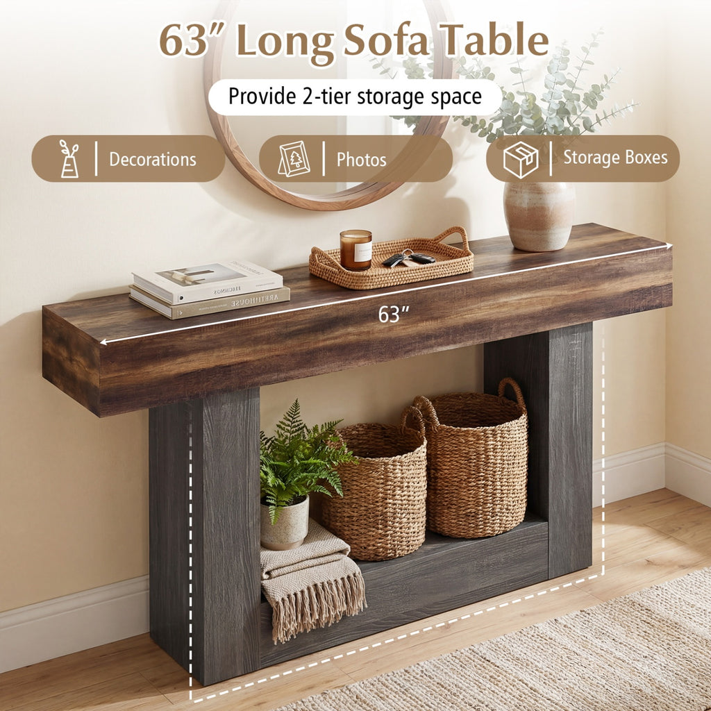 2-Tier Farmhouse Console Table 63" Long, Rustic Brown