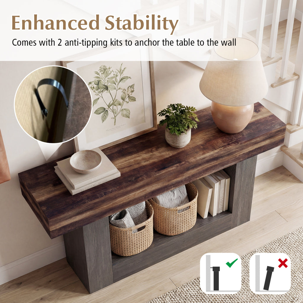 2-Tier Farmhouse Console Table 63" Long, Rustic Brown