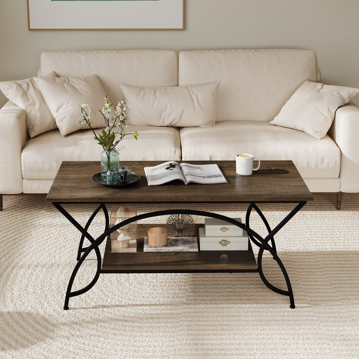 2-Tier Faux Marble Coffee Table with Metal Frame - Oak