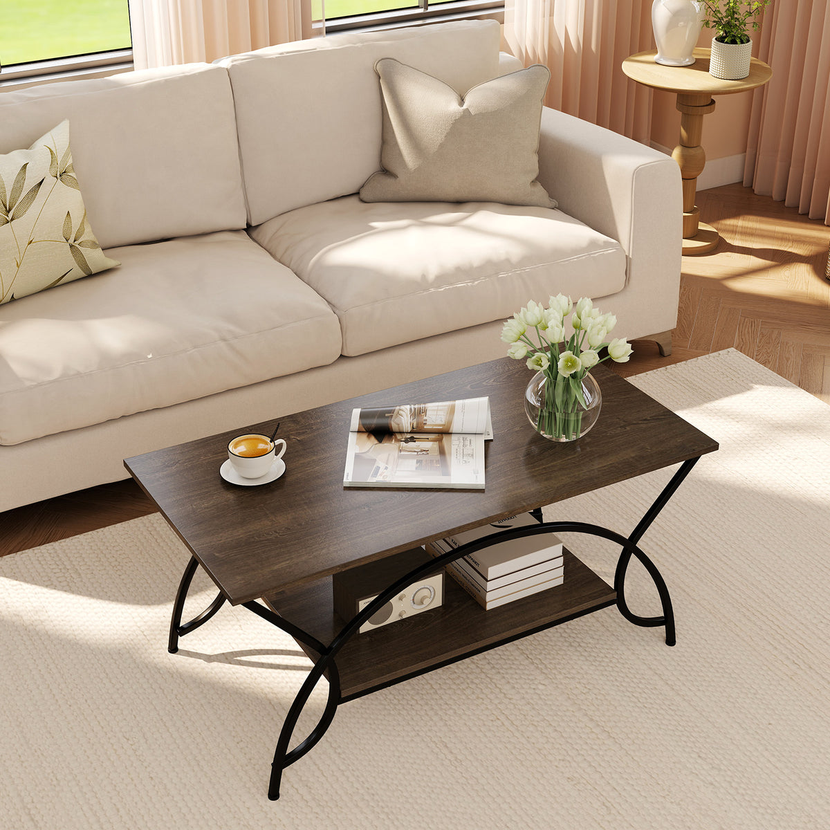 2-Tier Faux Marble Coffee Table with Metal Frame - Oak