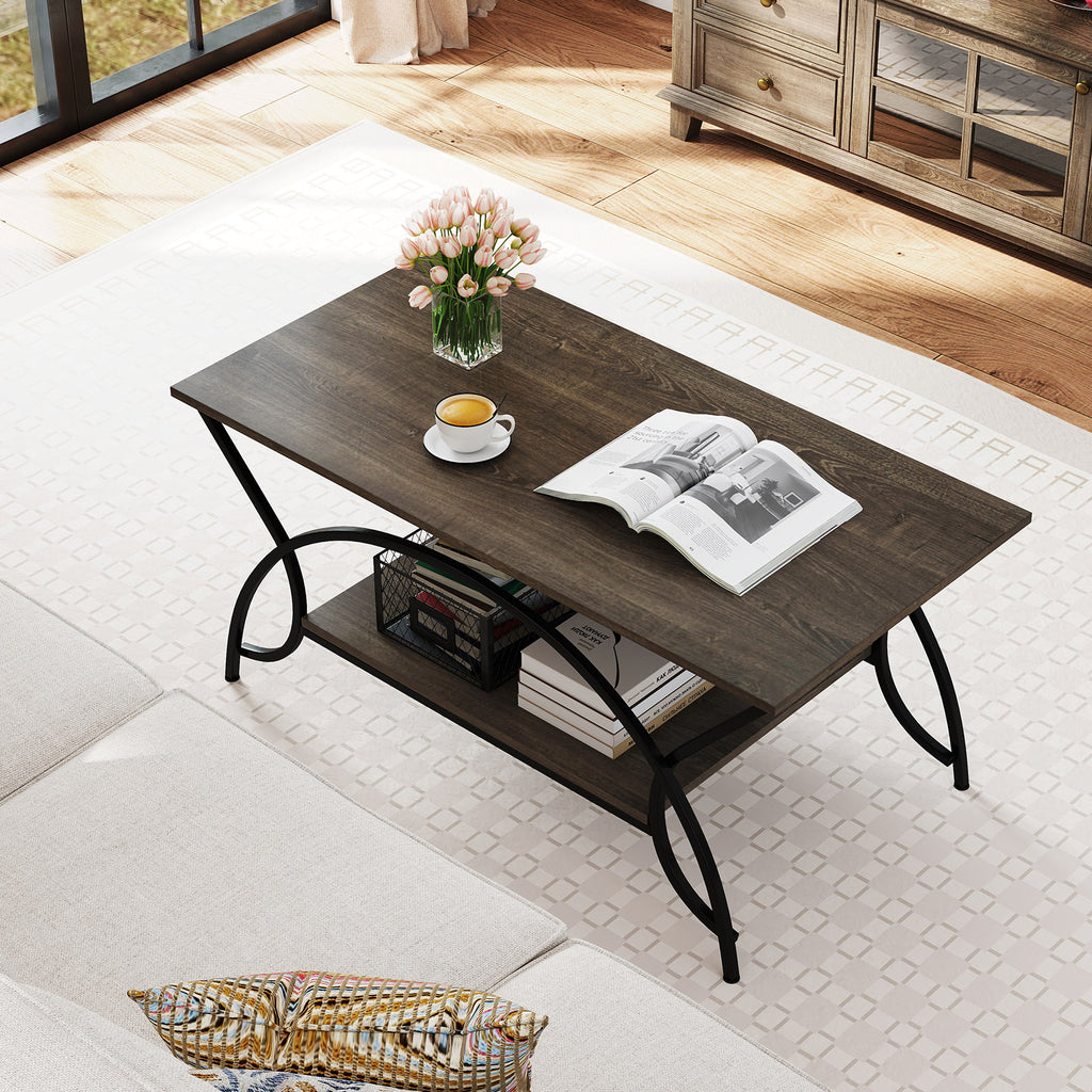 2-Tier Faux Marble Coffee Table with Metal Frame - Oak