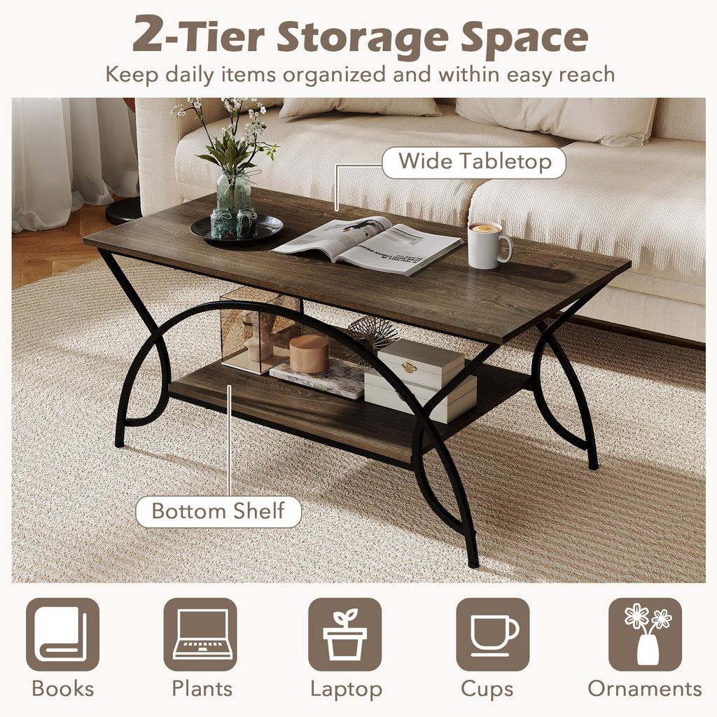 2-Tier Faux Marble Coffee Table with Metal Frame - Oak