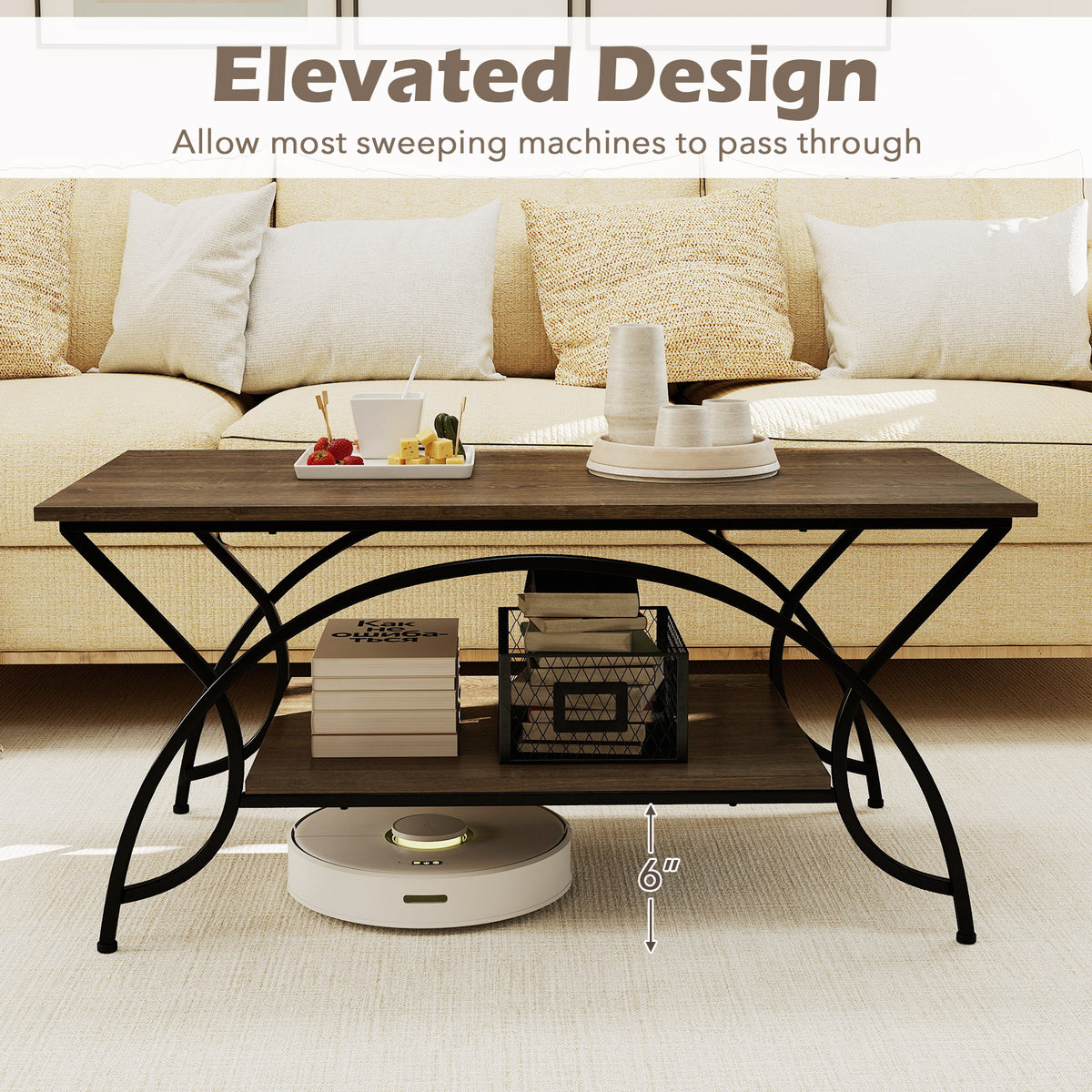 2-Tier Faux Marble Coffee Table with Metal Frame - Oak