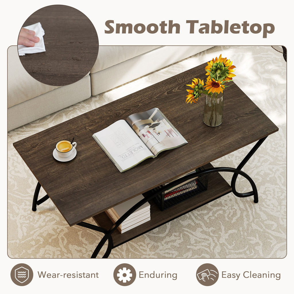 2-Tier Faux Marble Coffee Table with Metal Frame - Oak