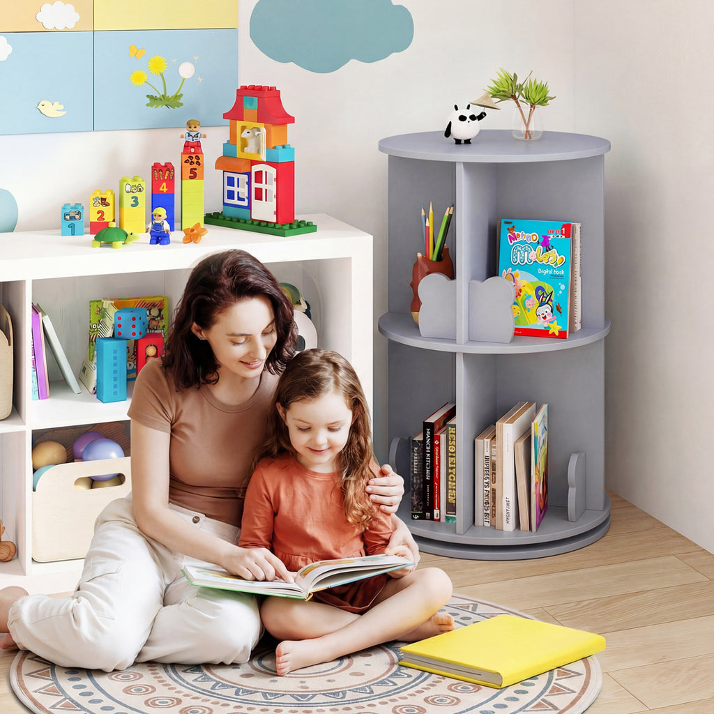 Kids Rotating Bookshelf Storage Rack with Bear Baffles - Gray, 2 Tiers