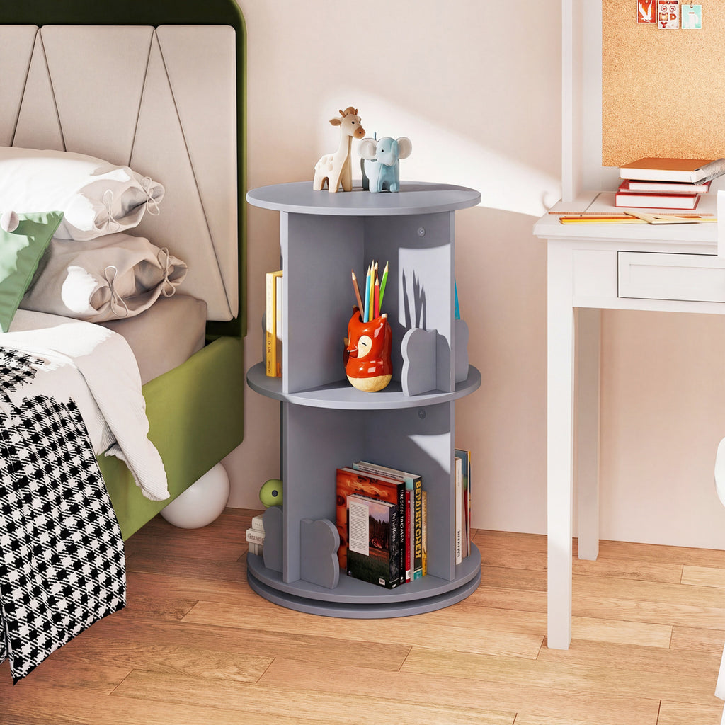 Kids Rotating Bookshelf Storage Rack with Bear Baffles - Gray, 2 Tiers
