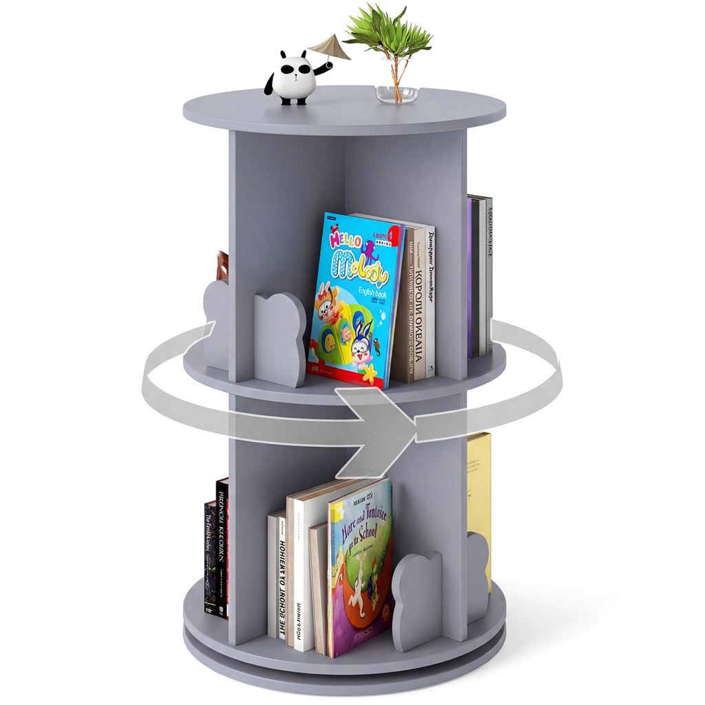 Kids Rotating Bookshelf Storage Rack with Bear Baffles - Gray, 2 Tiers