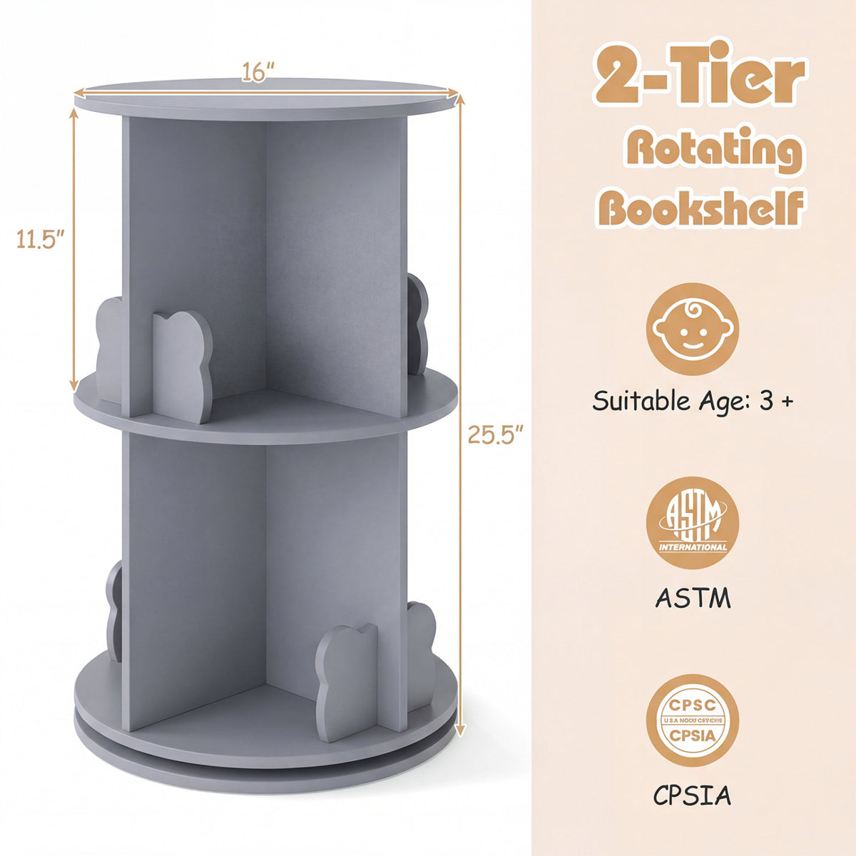 Kids Rotating Bookshelf Storage Rack with Bear Baffles - Gray, 2 Tiers
