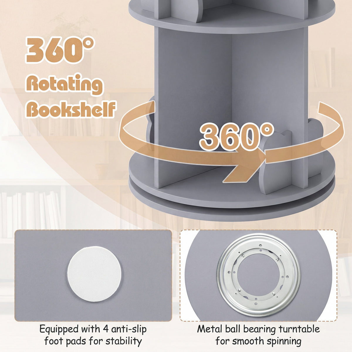 Kids Rotating Bookshelf Storage Rack with Bear Baffles - Gray, 2 Tiers