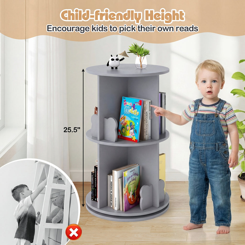 Kids Rotating Bookshelf Storage Rack with Bear Baffles - Gray, 2 Tiers