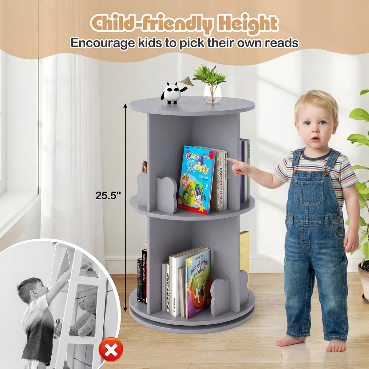 Kids Rotating Bookshelf Storage Rack with Bear Baffles - Gray, 2 Tiers