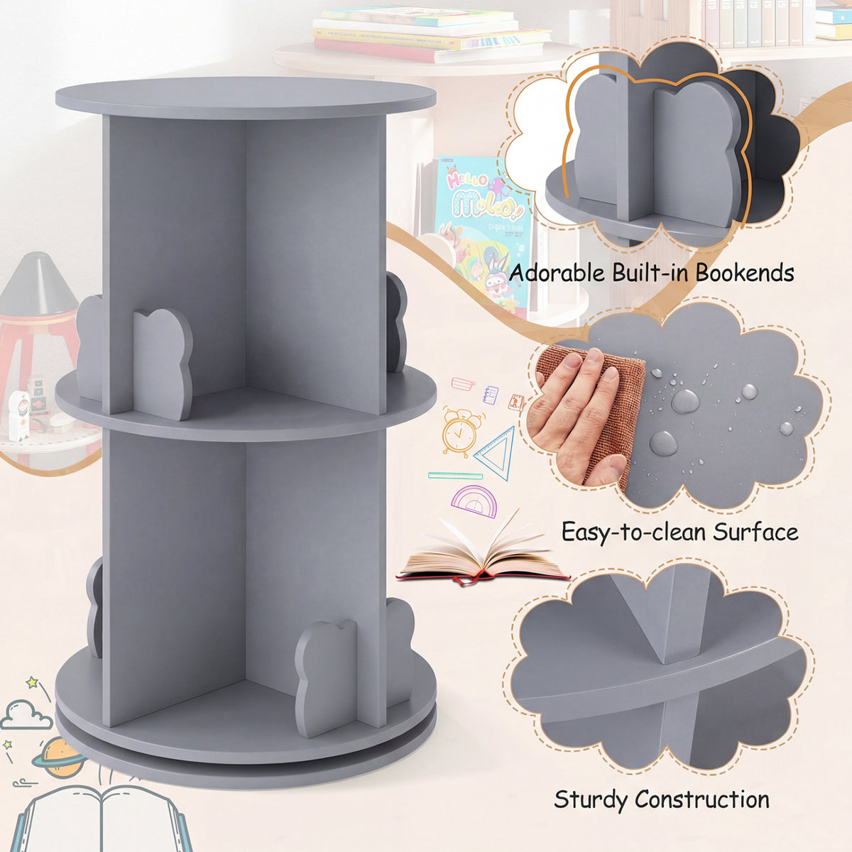 Kids Rotating Bookshelf Storage Rack with Bear Baffles - Gray, 2 Tiers