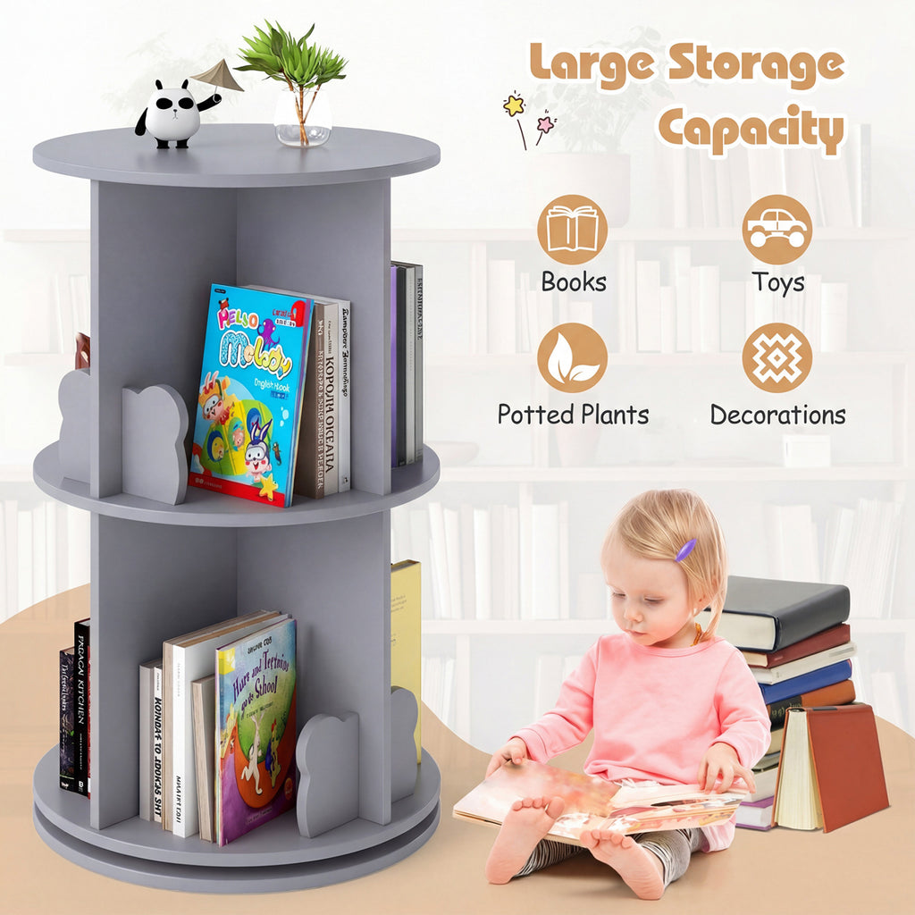 Kids Rotating Bookshelf Storage Rack with Bear Baffles - Gray, 2 Tiers