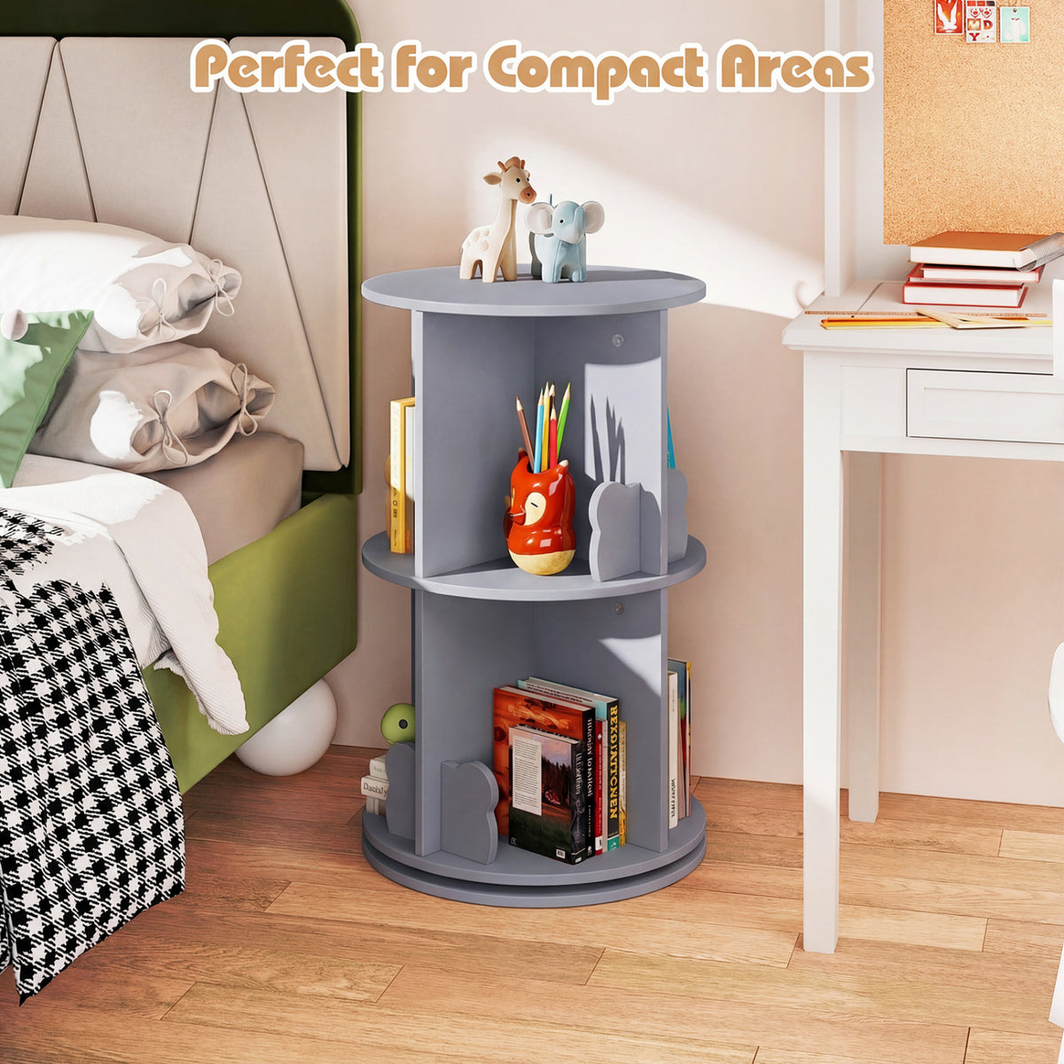 Kids Rotating Bookshelf Storage Rack with Bear Baffles - Gray, 2 Tiers