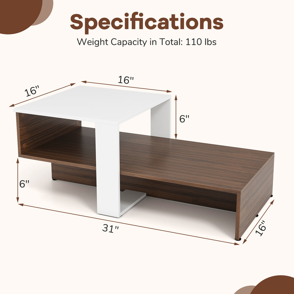 2-Tier Coffee Table with Storage Shelves - White
