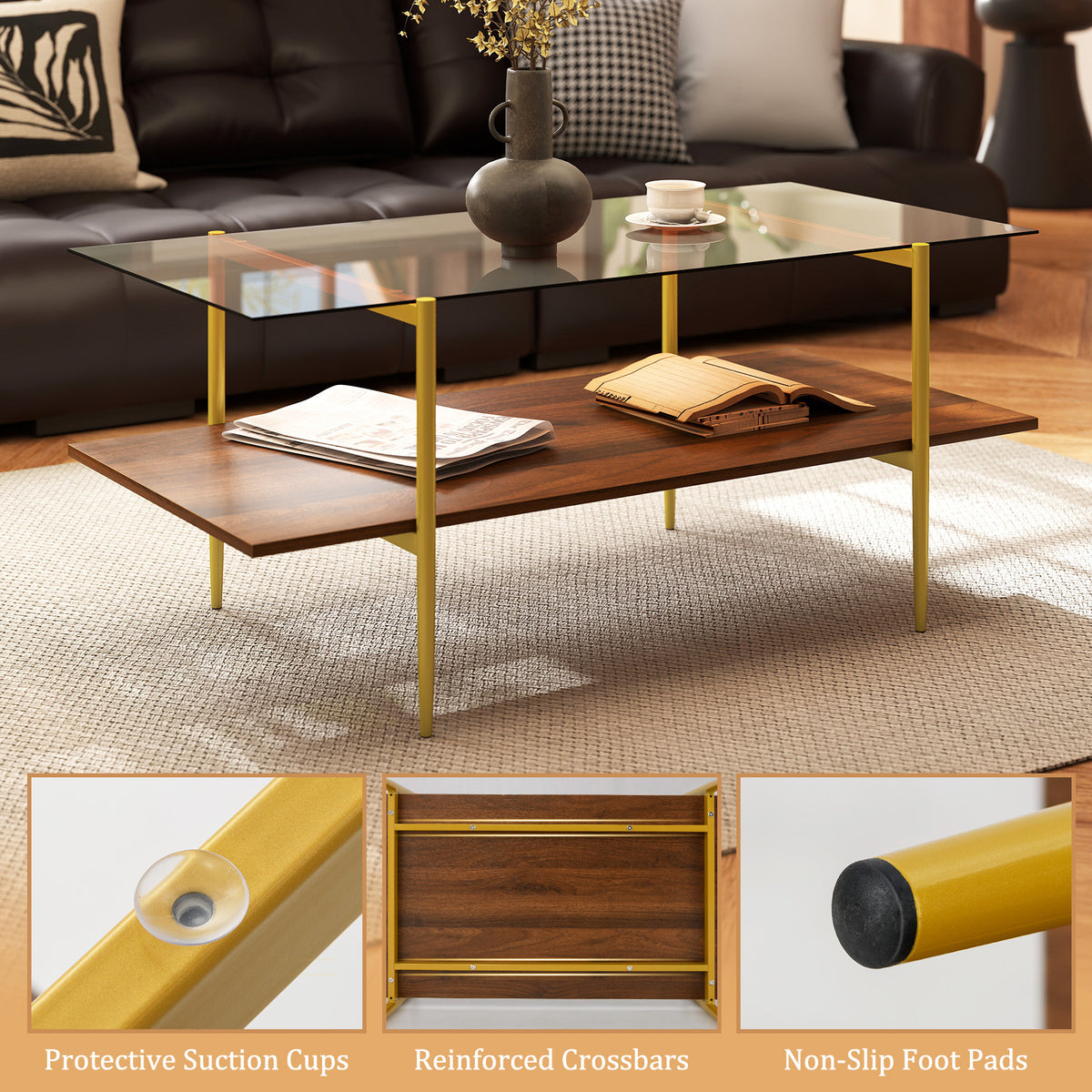 2-Tier Glass Coffee Table, Brown Rectangle